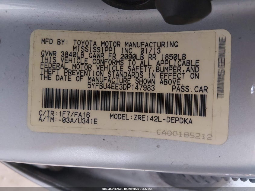 2013 Toyota Corolla VIN 5YFBU4EE3DP147983 IAAI salvage auction — NORMAL WEAR, Clear (Georgia), sold $2,150 on 2026-07-13 (photo 9)