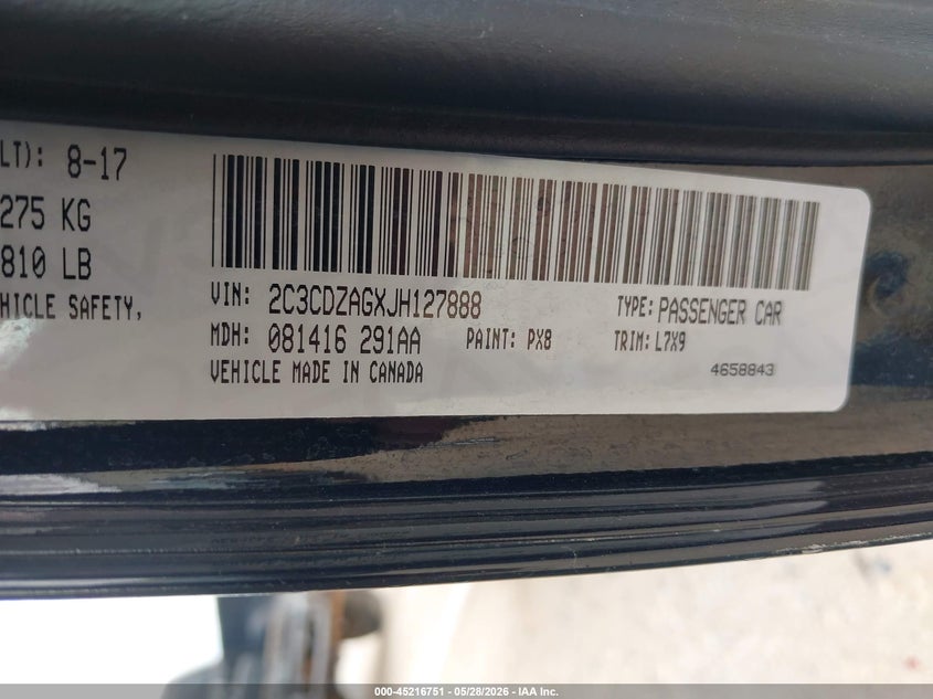2018 Dodge Challenger VIN 2C3CDZAGXJH127888 IAAI salvage auction — HAIL, Original (Texas), sold $5,800 on 2026-07-23 (photo 9)