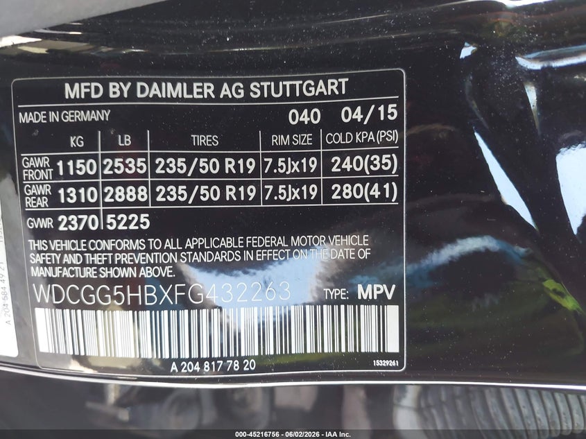 2015 Mercedes-benz Glk-klasse VIN WDCGG5HBXFG432263 IAAI salvage auction — HAIL, Original (Texas), sold $5,800 on 2026-08-11 (photo 9)