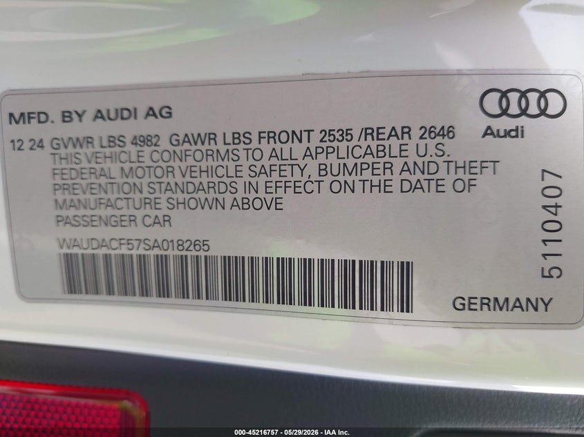 2025 Audi A5 VIN WAUDACF57SA018265 IAAI salvage auction — FRONT END, Original (Texas), sold $19,975 on 2026-07-24 (photo 9)