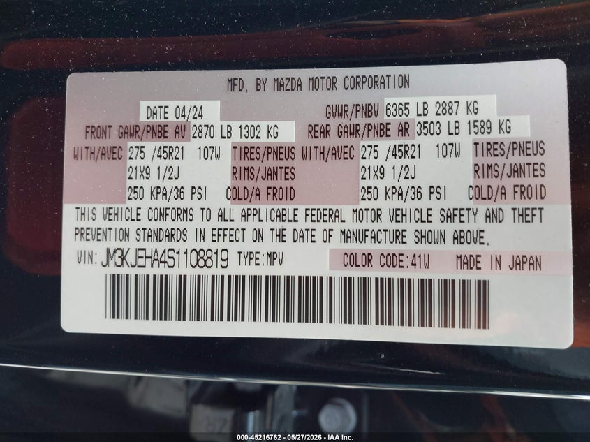 2025 Mazda Cx-70 VIN JM3KJEHA4S1108819 IAAI salvage auction — LEFT FRONT, Salvage Title, sold $15,400 on 2026-07-09 (photo 9)