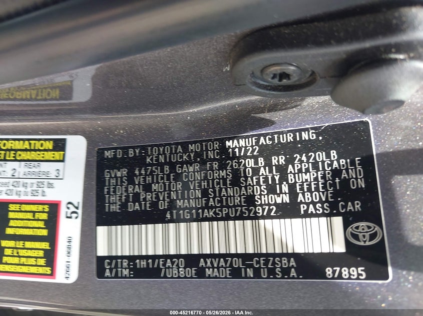 2023 Toyota Camry VIN 4T1G11AK5PU752972 IAAI salvage auction — LEFT FRONT, Salvage Title, sold $6,200 on 2026-08-06 (photo 9)