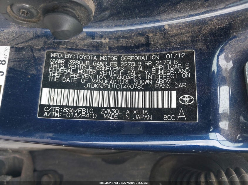 2012 Toyota Prius VIN JTDKN3DU1C1490780 IAAI salvage auction — FRONT END, Original (Texas), sold $1,550 on 2026-07-29 (photo 9)
