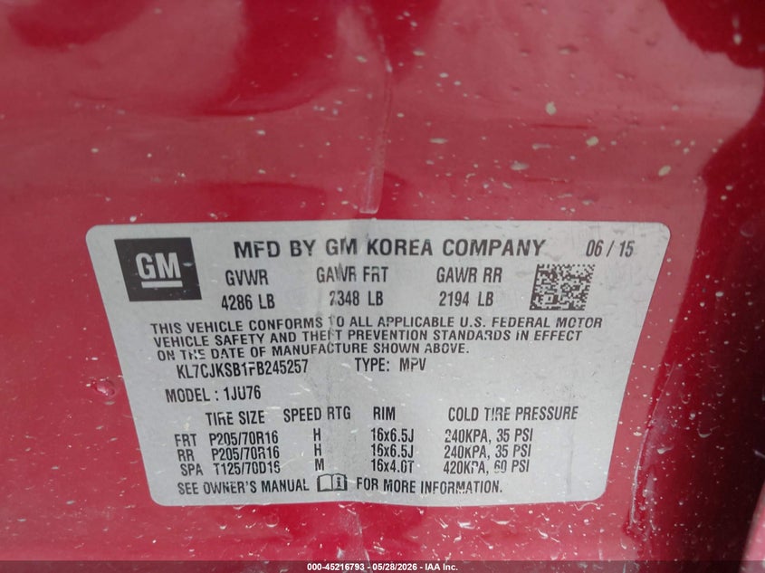 2015 Chevrolet Trax VIN KL7CJKSB1FB245257 IAAI salvage auction — ALL OVER, Salvage Title, sold $475 on 2026-07-21 (photo 9)