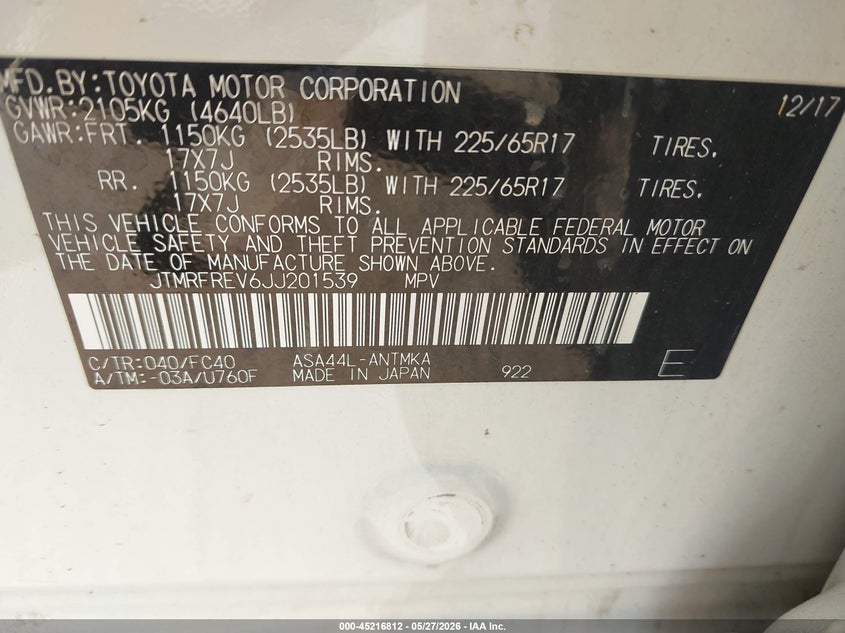 2018 Toyota Rav 4 VIN JTMRFREV6JJ201539 IAAI salvage auction — LEFT FRONT, Salvage Title, sold $6,100 on 2026-08-02 (photo 9)