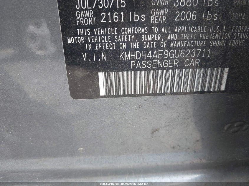 2016 Hyundai Elantra VIN KMHDH4AE9GU623711 IAAI salvage auction — FRONT END, Salvage Title, sold $950 on 2026-07-15 (photo 9)