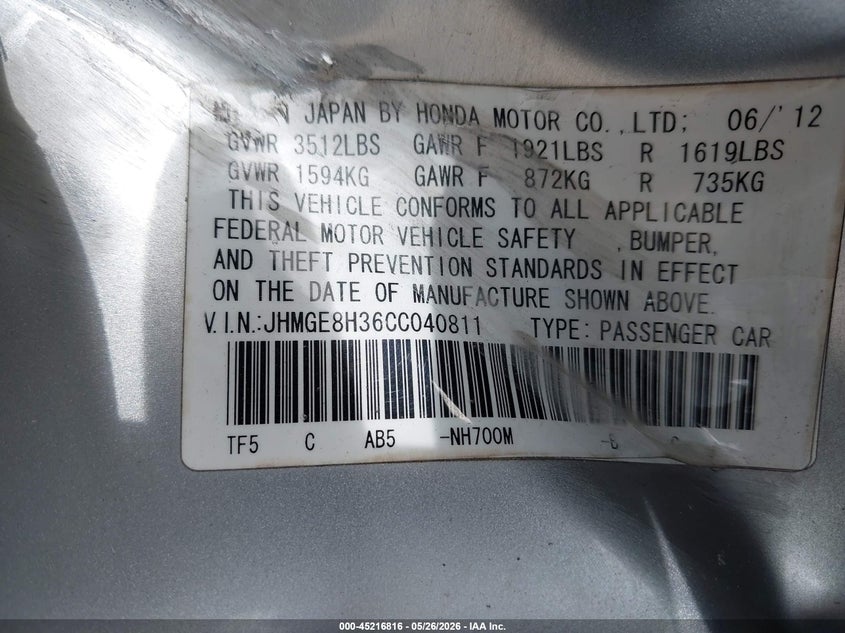 2012 Honda Fit VIN JHMGE8H36CC040811 IAAI salvage auction — LEFT SIDE, Salvage Title, sold $1,350 on 2026-07-15 (photo 9)