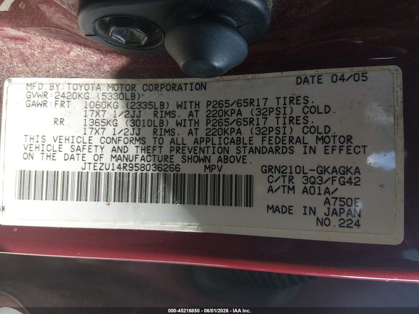2005 Toyota 4runner VIN JTEZU14R958036266 IAAI salvage auction — NORMAL WEAR, Clear (Arkansas), sold $1,650 on 2026-07-08 (photo 9)
