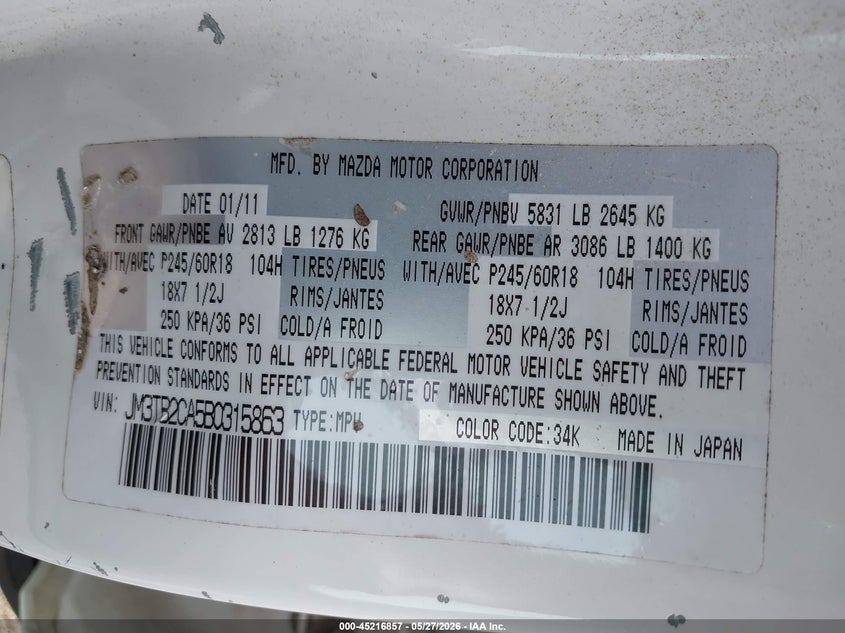 2011 Mazda Cx-9 VIN JM3TB2CA5B0315863 IAAI salvage auction — FRONT END, Original (Texas), sold $400 on 2026-07-14 (photo 9)