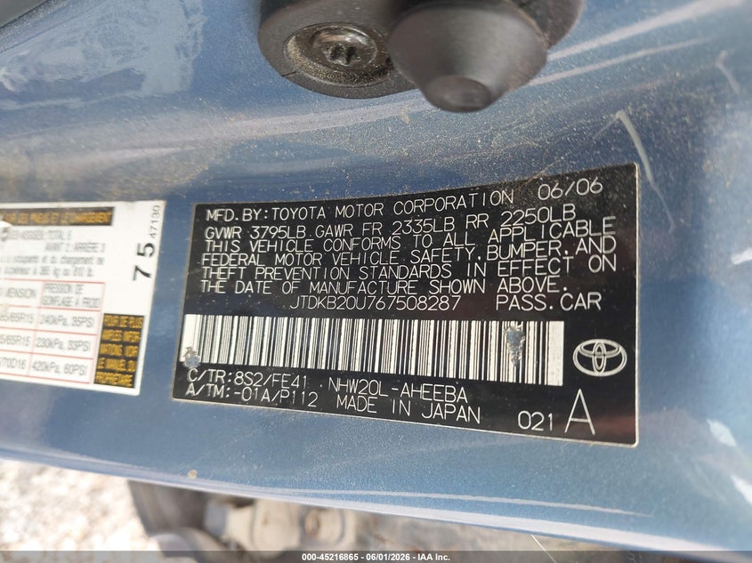 2006 Toyota Prius VIN JTDKB20U767508287 IAAI salvage auction — NORMAL WEAR, Original (Texas), sold $325 on 2026-07-08 (photo 9)