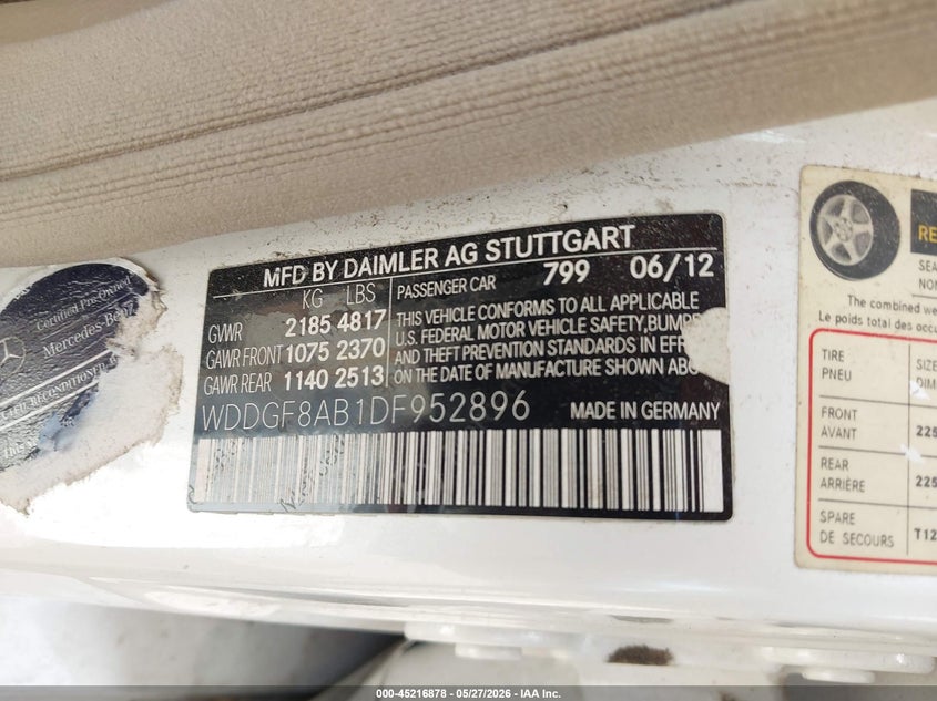 2013 Mercedes-benz C-klasse VIN WDDGF8AB1DF952896 IAAI salvage auction — FRONT END, Salvage Title, sold $25 on 2026-07-30 (photo 9)