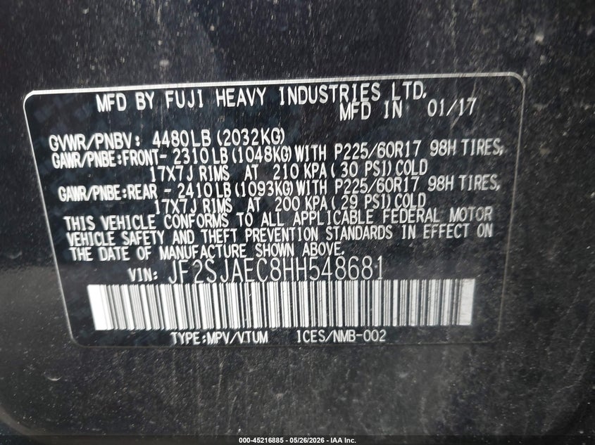 2017 Subaru Forester VIN JF2SJAEC8HH548681 IAAI salvage auction — FRONT END, Salvage Title, sold $475 on 2026-07-23 (photo 9)
