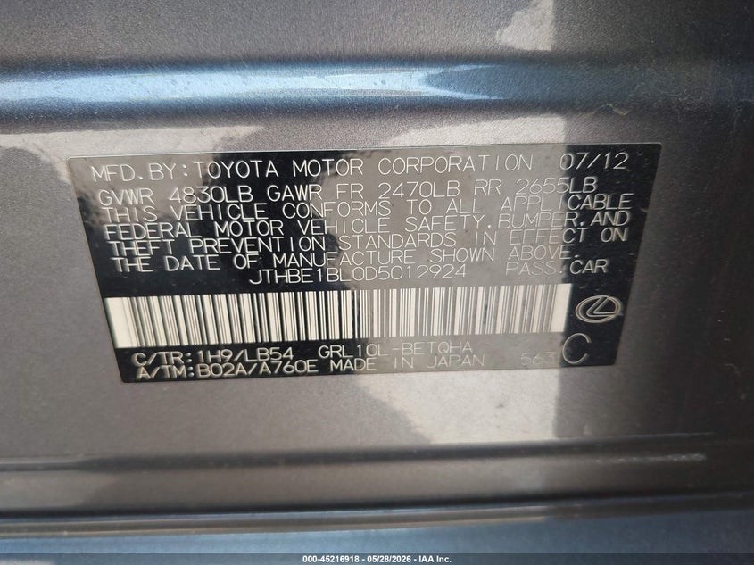2013 Lexus Gs VIN JTHBE1BL0D5012924 IAAI salvage auction — HAIL, Original (Texas), sold $5,250 on 2026-07-07 (photo 9)