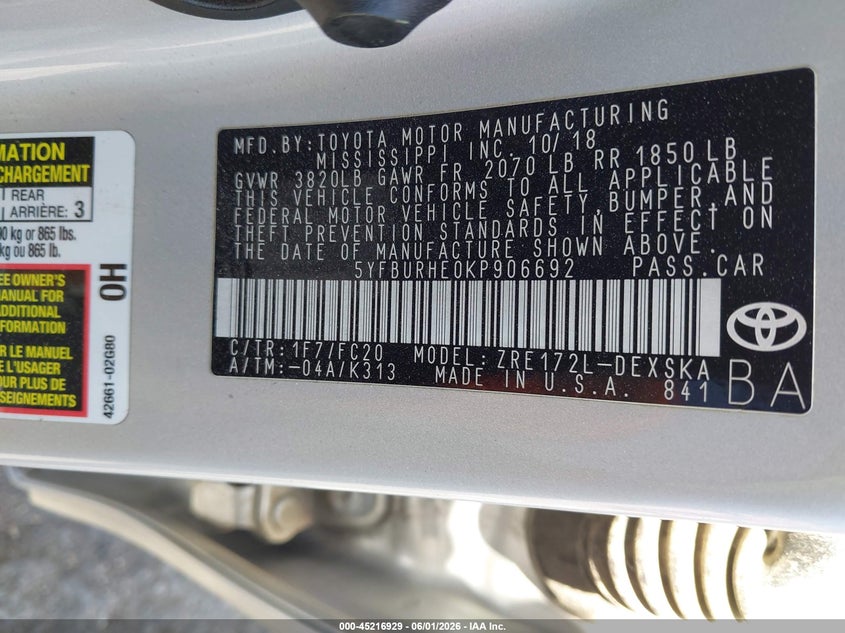 2019 Toyota Corolla VIN 5YFBURHE0KP906692 IAAI salvage auction — REAR END, Salvage (California), sold $4,150 on 2026-07-21 (photo 9)