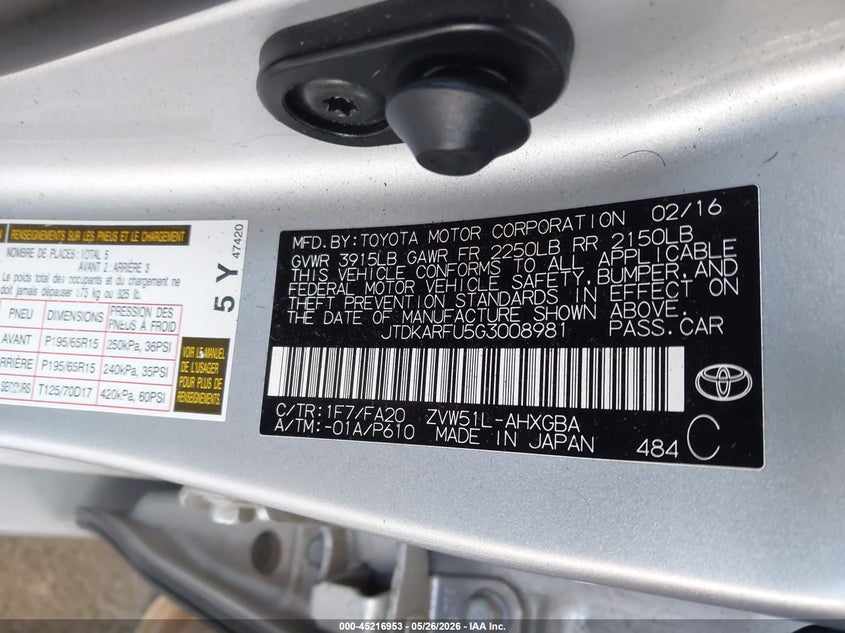 2016 Toyota Prius VIN JTDKARFU5G3008981 IAAI salvage auction — RIGHT REAR, Salvage Title, sold $6,200 on 2026-07-09 (photo 9)