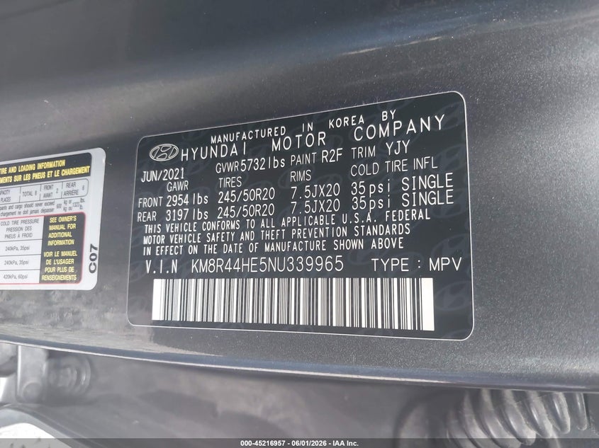 2022 Hyundai Palisade VIN KM8R44HE5NU339965 IAAI salvage auction — LEFT SIDE, Repossession Paperwork (South Carolina), sold $17,800 on 2026-07-07 (photo 9)