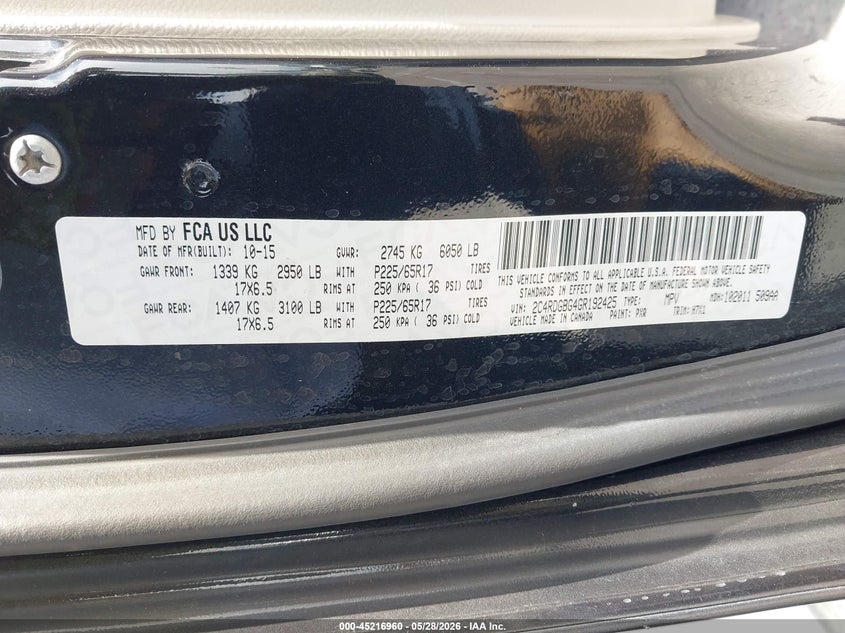 2016 Dodge Caravan VIN 2C4RDGBG4GR192425 IAAI salvage auction — FRONT END, Salvage Title, sold $1,250 on 2026-07-09 (photo 9)