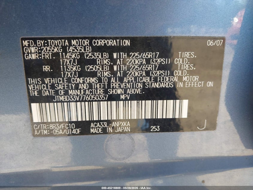 2007 Toyota Rav4 VIN JTMBD33V776050357 IAAI salvage auction — NORMAL WEAR, Clear (Massachusetts), sold $650 on 2026-07-10 (photo 9)