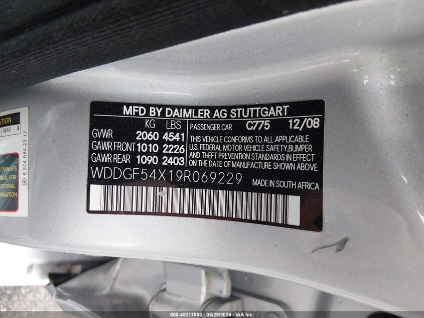 2009 Mercedes-benz C class VIN WDDGF54X19R069229 IAAI salvage auction — WATER/FLOOD, Salvage (South Carolina), sold $375 on 2026-07-08 (photo 9)