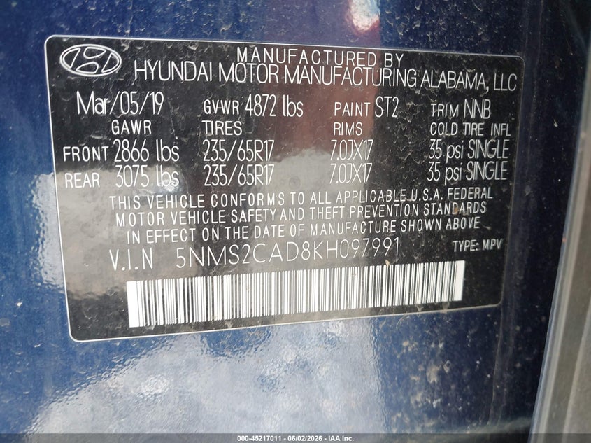 2019 Hyundai Santa fe VIN 5NMS2CAD8KH097991 IAAI salvage auction — FRONT END, Salvage Title, sold $4,900 on 2026-07-30 (photo 9)