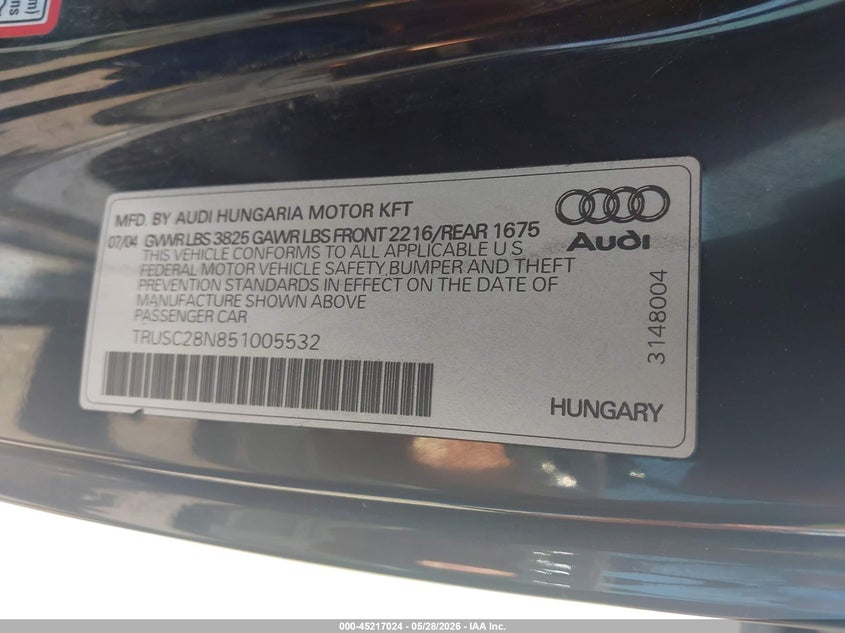 2005 Audi Tt VIN TRUSC28N851005532 IAAI salvage auction — UNKNOWN, Bill Of Sale (Washington), sold $525 on 2026-07-28 (photo 9)
