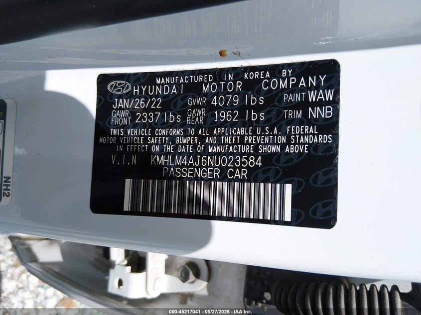 2022 Hyundai Elantra VIN KMHLM4AJ6NU023584 IAAI salvage auction — HAIL, Salvage Title, sold $4,450 on 2026-07-13 (photo 9)