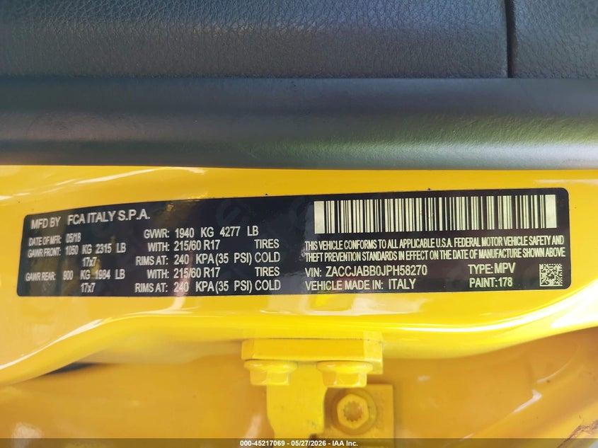 2018 Jeep Renegade VIN ZACCJABB0JPH58270 IAAI salvage auction — HAIL, Salvage (Alabama), sold $375 on 2026-08-03 (photo 9)