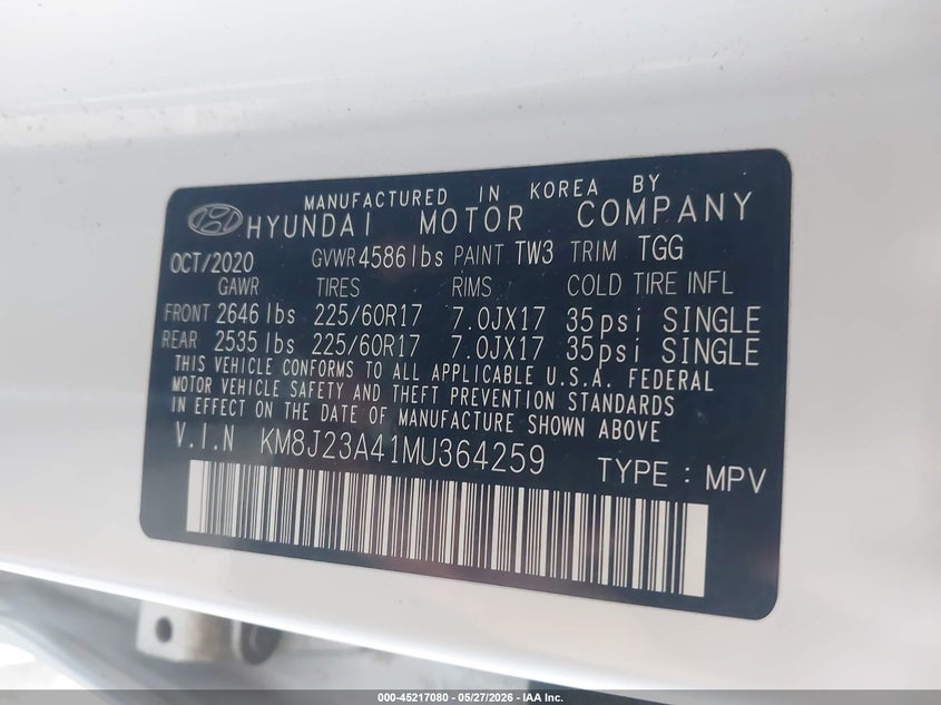 2021 Hyundai Tucson VIN KM8J23A41MU364259 IAAI salvage auction — FRONT & REAR, Salvage Title, sold $2,650 on 2026-07-07 (photo 9)
