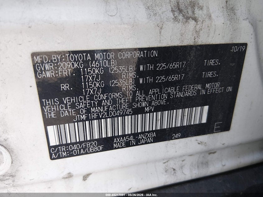 2020 Toyota Rav 4 VIN JTMF1RFV2LD049745 IAAI salvage auction — FRONT END, Salvage Title, sold $4,350 on 2026-07-24 (photo 9)