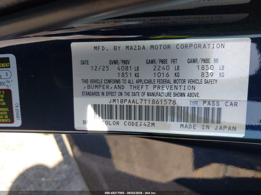 2026 Mazda 3 VIN JM1BPAAL7T1861578 IAAI salvage auction — FRONT END, Salvage Title, sold $4,550 on 2026-07-21 (photo 9)