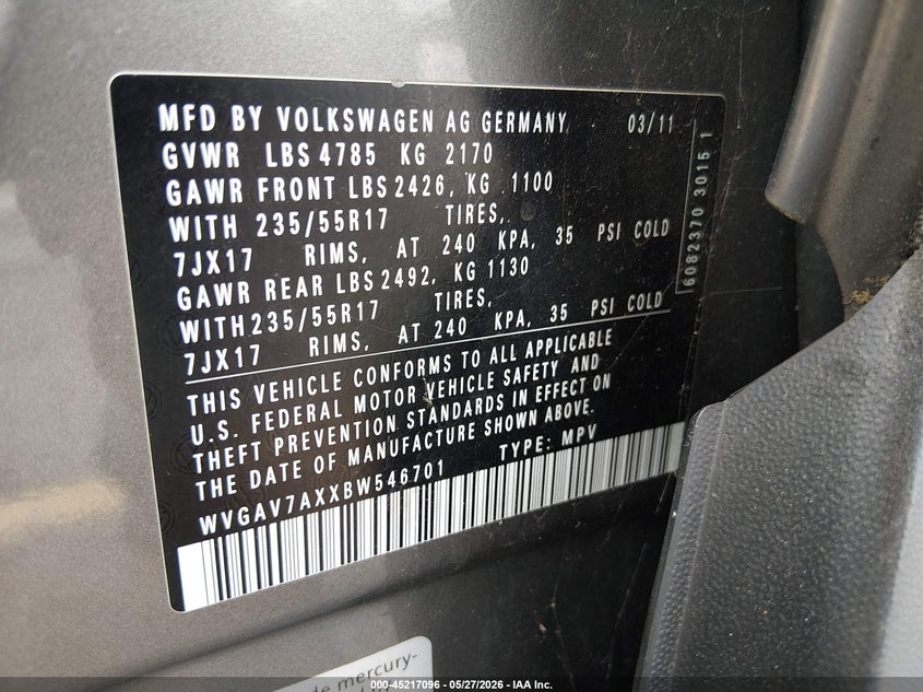 2011 Volkswagen Tiguan VIN WVGAV7AXXBW546701 IAAI salvage auction — NORMAL WEAR, Clear (South Carolina), sold $650 on 2026-07-15 (photo 9)
