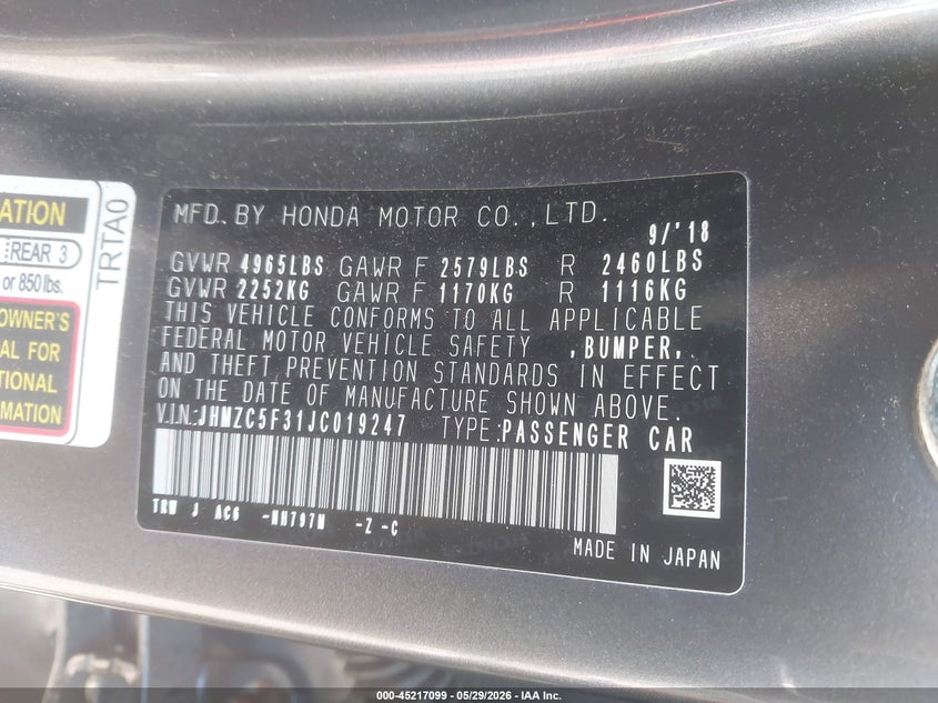 2018 Honda Clarity VIN JHMZC5F31JC019247 IAAI salvage auction — FRONT END, Salvage (Idaho), sold $25 on 2026-07-28 (photo 9)