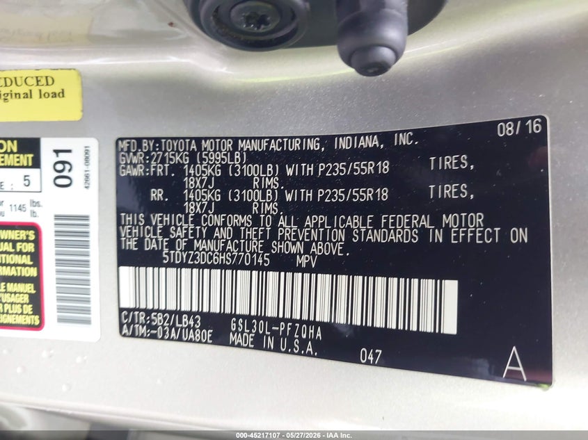 2017 Toyota Sienna VIN 5TDYZ3DC6HS770145 IAAI salvage auction — FRONT END, Original (Texas), sold $9,975 on 2026-07-08 (photo 9)