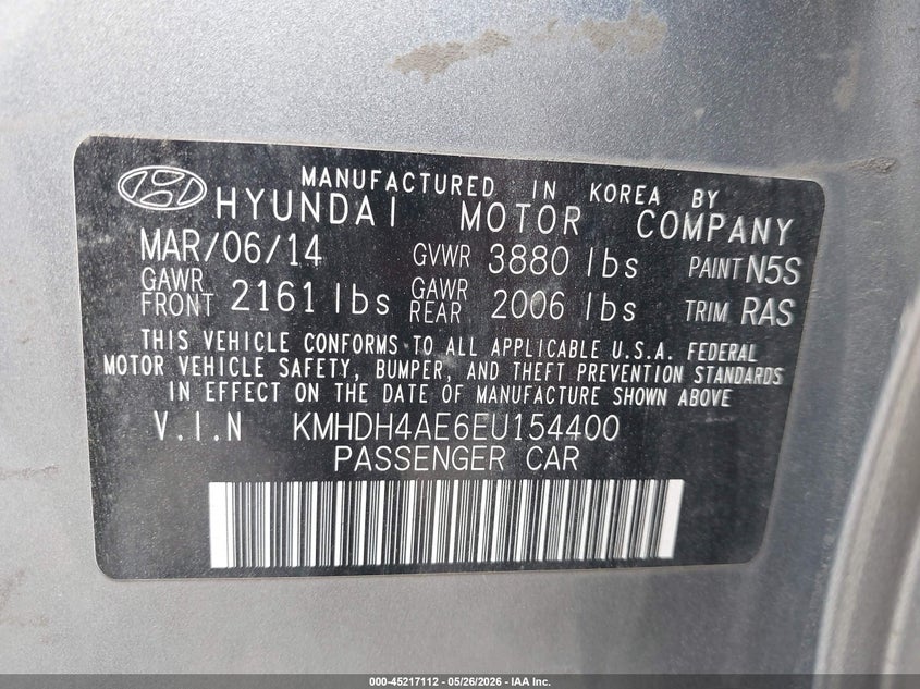 2014 Hyundai Elantra VIN KMHDH4AE6EU154400 IAAI salvage auction — LEFT FRONT, Salvage Title, sold $600 on 2026-07-22 (photo 9)