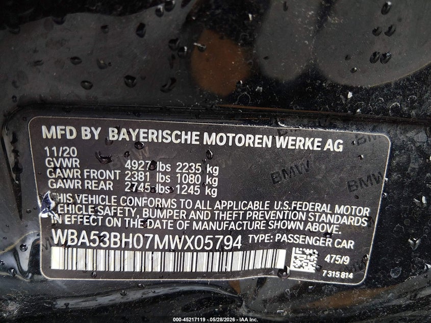 2021 BMW 5er VIN WBA53BH07MWX05794 IAAI salvage auction — LEFT SIDE, Salvage Title, sold $5,100 on 2026-08-21 (photo 9)