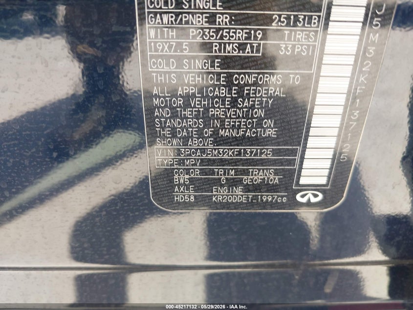 2019 Infiniti Qx50 VIN 3PCAJ5M32KF137125 IAAI salvage auction — FRONT END, Salvage Title, sold $4,250 on 2026-07-22 (photo 9)