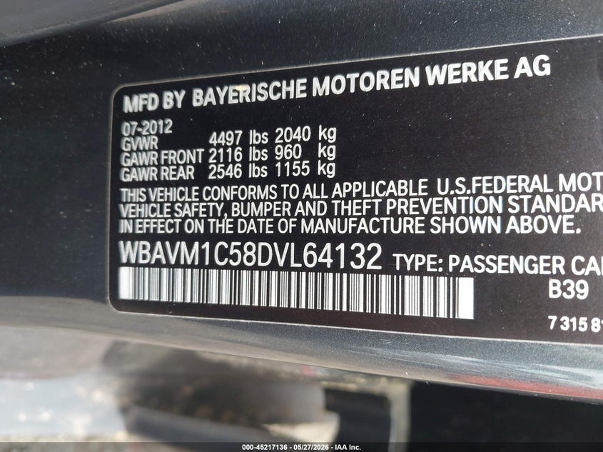 2013 BMW X1 VIN WBAVM1C58DVL64132 IAAI salvage auction — FRONT & REAR, Salvage (Georgia), sold $300 on 2026-07-08 (photo 9)