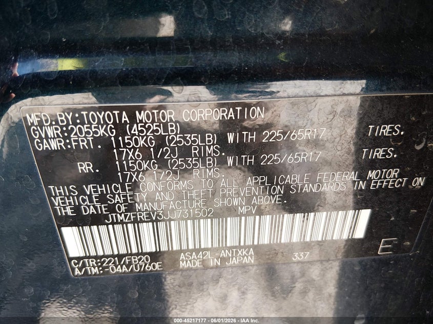 2018 Toyota Rav 4 VIN JTMZFREV3JJ731502 IAAI salvage auction — FRONT END, Salvage Title, sold $4,050 on 2026-07-16 (photo 9)