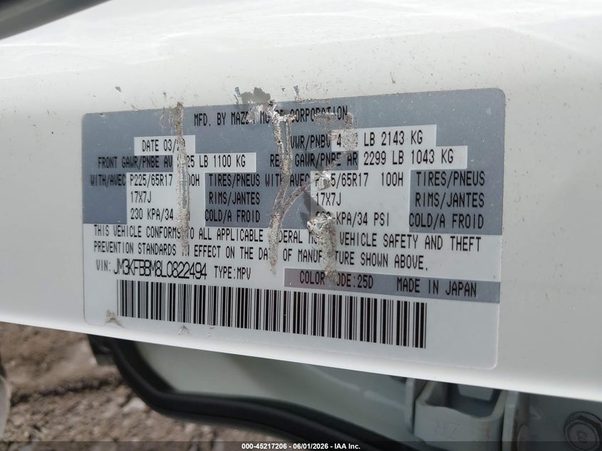 2020 Mazda Cx-5 VIN JM3KFBBM8L0822494 IAAI salvage auction — LEFT FRONT, Salvage Title, sold $6,475 on 2026-07-09 (photo 9)
