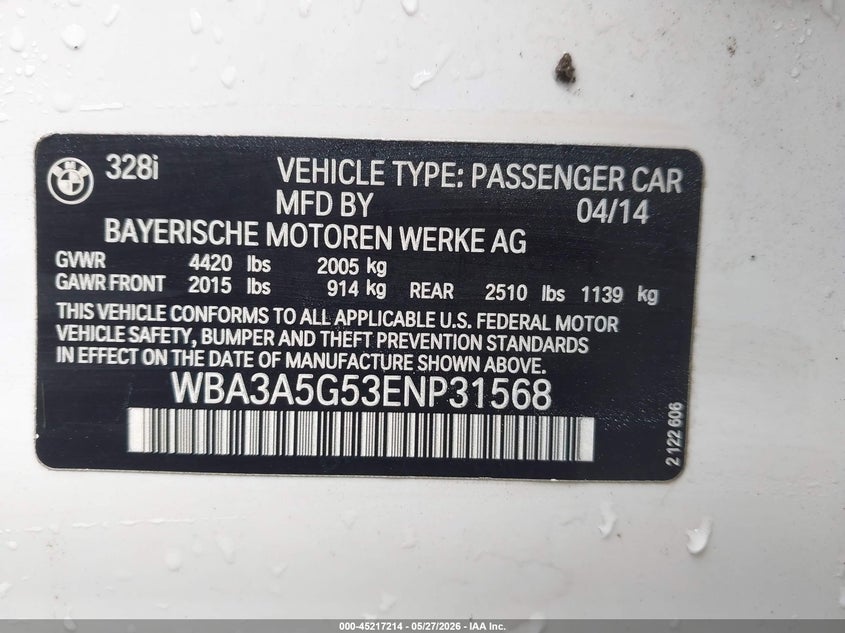 2014 BMW 3er VIN WBA3A5G53ENP31568 IAAI salvage auction — NORMAL WEAR, Repossession Paperwork (Georgia), sold $950 on 2026-08-14 (photo 9)