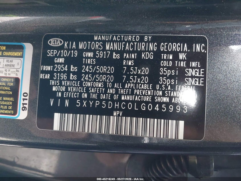 2020 Kia Telluride VIN 5XYP5DHC0LG045993 IAAI salvage auction — FRONT END, Salvage Title, sold $4,950 on 2026-07-21 (photo 9)