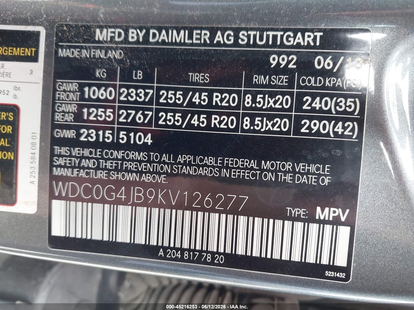 2019 Mercedes-benz Glc VIN WDC0G4JB9KV126277 IAAI salvage auction — REAR END, Original (Texas), sold $8,100 on 2026-07-22 (photo 9)
