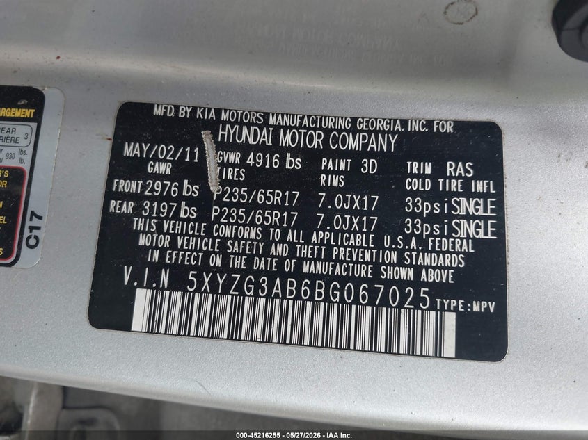 2011 Hyundai Santa fe VIN 5XYZG3AB6BG067025 IAAI salvage auction — FRONT END, Clear (Virginia), sold $550 on 2026-07-09 (photo 9)