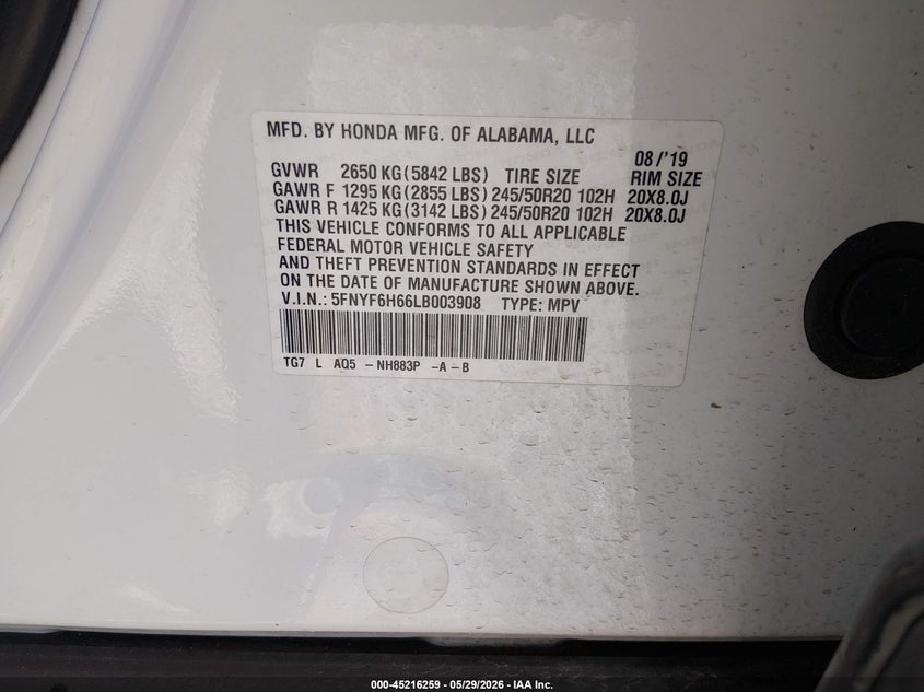 2020 Honda Pilot VIN 5FNYF6H66LB003908 IAAI salvage auction — HAIL, Salvage Title, sold $12,500 on 2026-08-17 (photo 9)