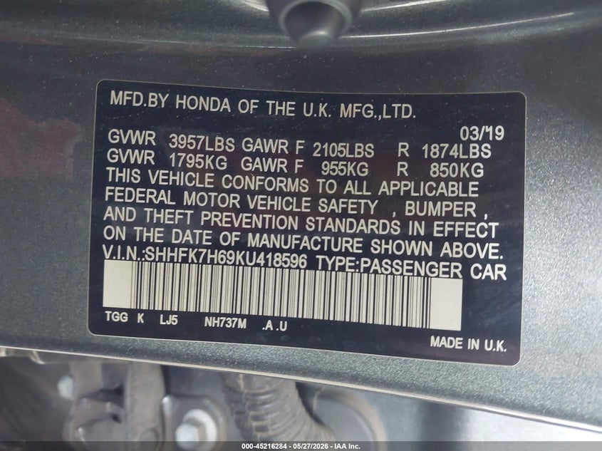 2019 Honda Civic VIN SHHFK7H69KU418596 IAAI salvage auction — FRONT END, Salvage (Texas), sold $725 on 2026-07-28 (photo 9)