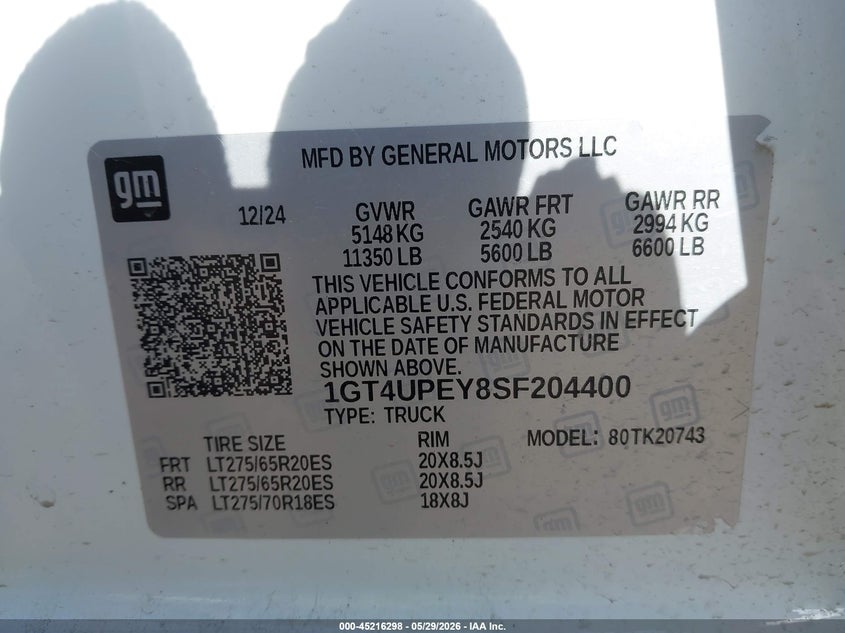 2025 Gmc SIERRA VIN 1GT4UPEY8SF204400 IAAI salvage auction — FRONT END, Salvage Title, sold $22,100 on 2026-07-21 (photo 8)
