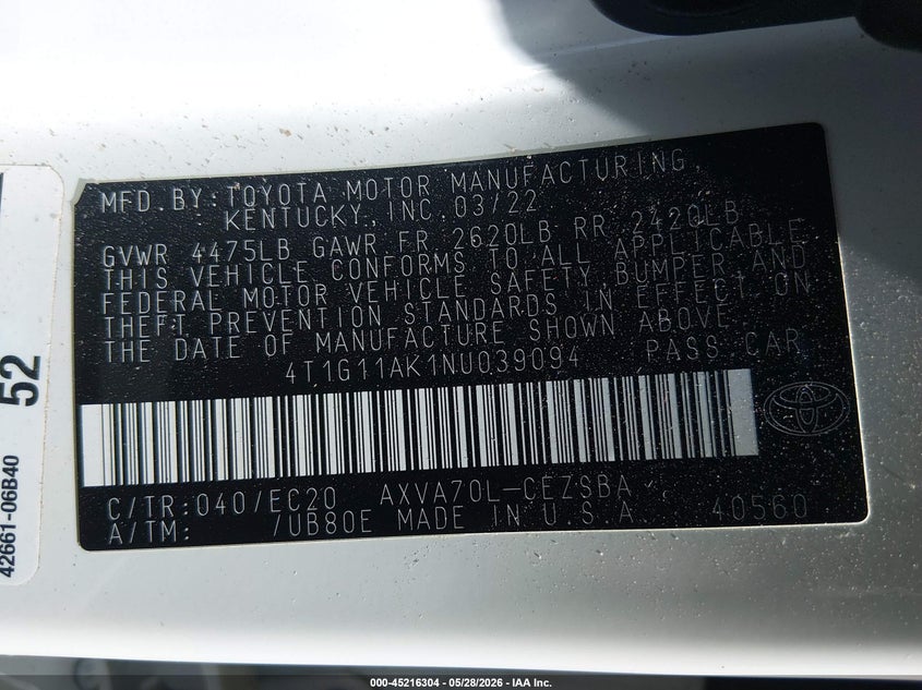 2022 Toyota Camry VIN 4T1G11AK1NU039094 IAAI salvage auction — FRONT END, Salvage Title, sold $6,300 on 2026-07-24 (photo 9)