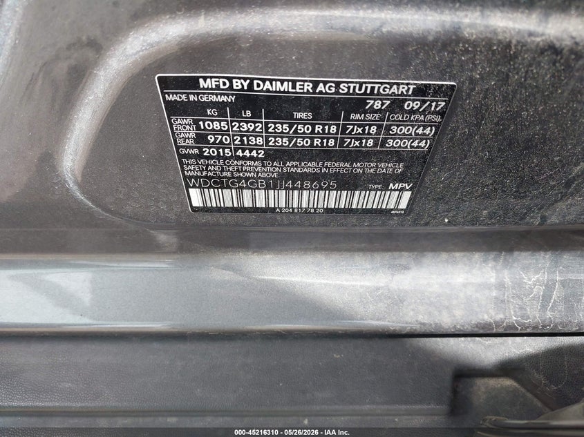 2018 Mercedes-benz Gla-klasse VIN WDCTG4GB1JJ448695 IAAI salvage auction — UNKNOWN, Salvage (Illinois), sold $7,250 on 2026-07-14 (photo 9)