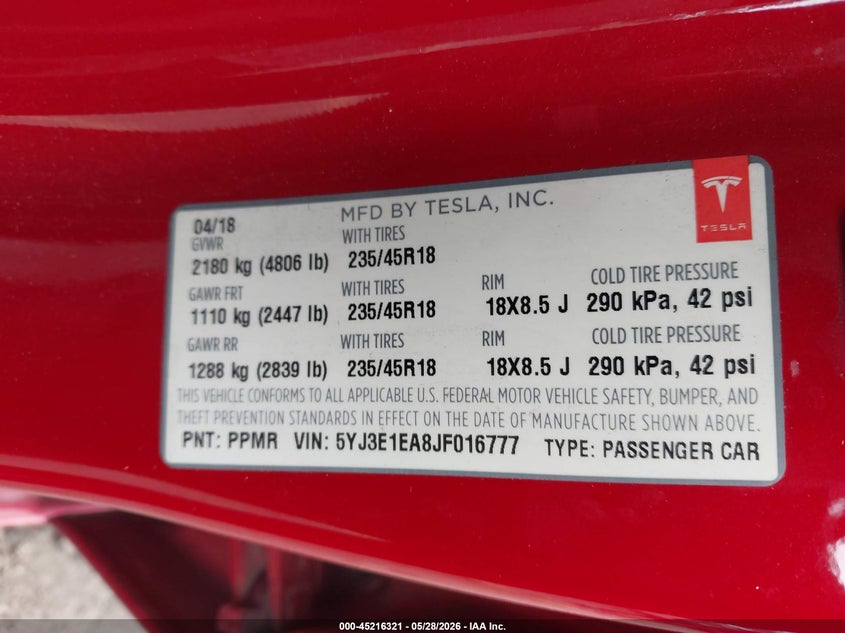 2018 Tesla Model 3 VIN 5YJ3E1EA8JF016777 IAAI salvage auction — LEFT FRONT, Salvage Title, sold $4,100 on 2026-07-23 (photo 9)