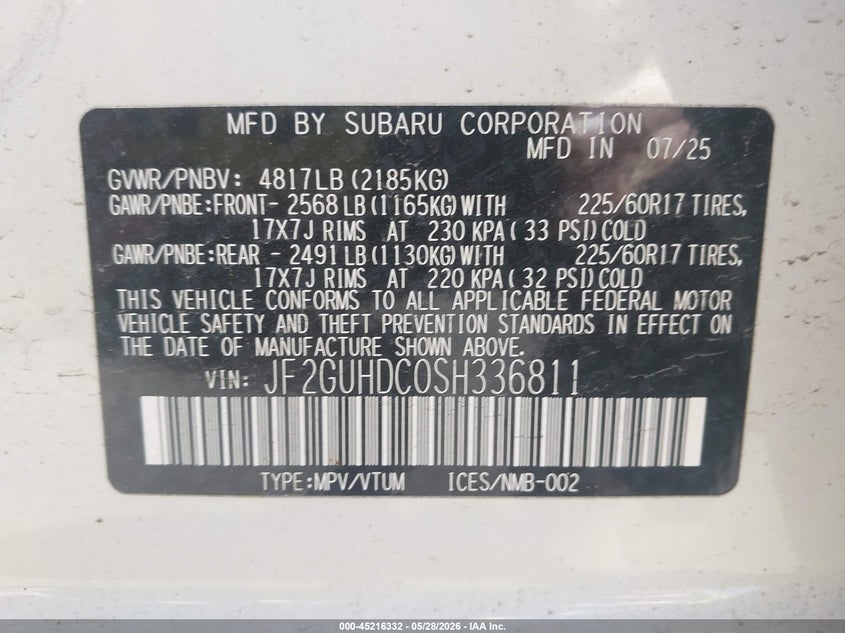 2025 Subaru Xv VIN JF2GUHDC0SH336811 IAAI salvage auction — RIGHT SIDE, Salvage Title, sold $8,000 on 2026-07-21 (photo 9)